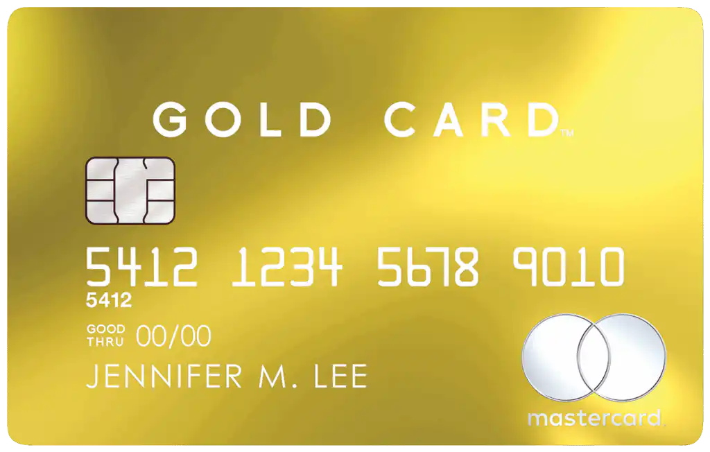 A shiny gold Mastercard credit card labeled GOLD CARD with a chip, card number, expiry date, the name Jennifer M. Lee, and the Mastercard logo on the front.
