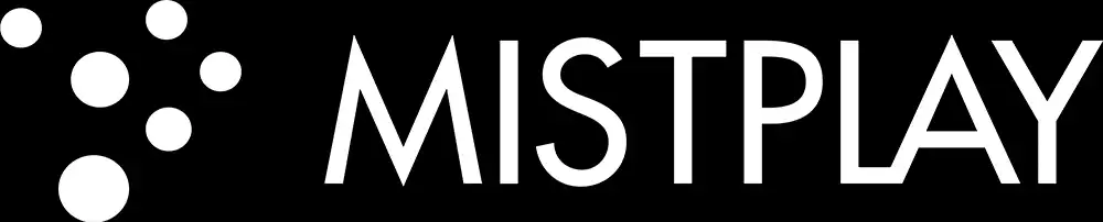 White MISTPLAY text in all caps on a black background, with a logo of six white dots arranged in a curved formation to the left of the text.
