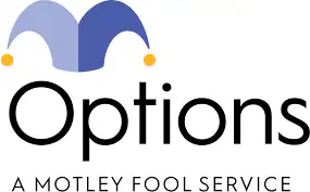 The image shows the word Options with a blue and purple jester hat above the O and the text A Motley Fool Service below.
