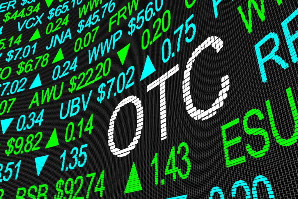 Digital stock market display featuring the large text OTC among various stock symbols, prices, and green upward-pointing arrows, indicating rising market values.