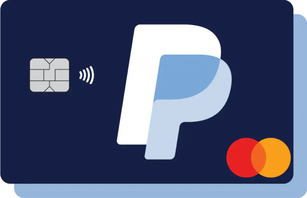 A dark blue PayPal Mastercard credit card featuring a large PayPal logo in the center, a chip and contactless symbol on the left, and the Mastercard logo in the bottom right corner.