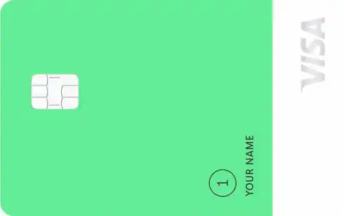 A green and white VISA credit card featuring a chip on the left, YOUR NAME printed vertically at the bottom right, and the VISA logo on the white section at the right edge.