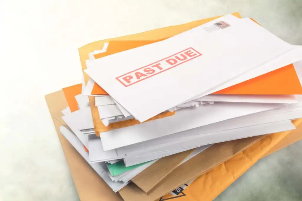 A stack of envelopes and letters, with one envelope on top prominently labeled PAST DUE in red text, indicating overdue bills or notices.