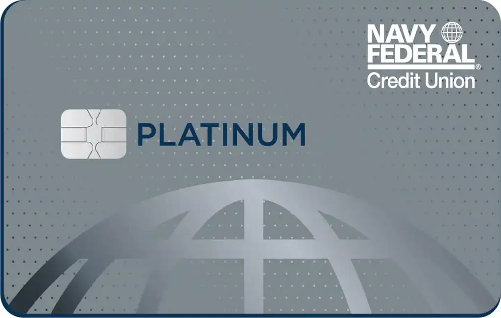 A Navy Federal Credit Union Platinum credit card featuring a silver chip, the word PLATINUM, a stylized globe, and the Navy Federal Credit Union logo on a silver dotted background.