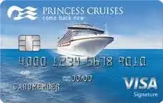 A Princess Cruises Visa Signature credit card featuring an image of a cruise ship at sea, with the card number, chip, and the Visa logo visible on the front.