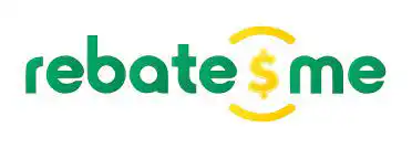 The image shows the text rebate me with a yellow dollar sign ($) replacing the letter s and yellow curved lines around the dollar sign. The text is in green font on a white background.