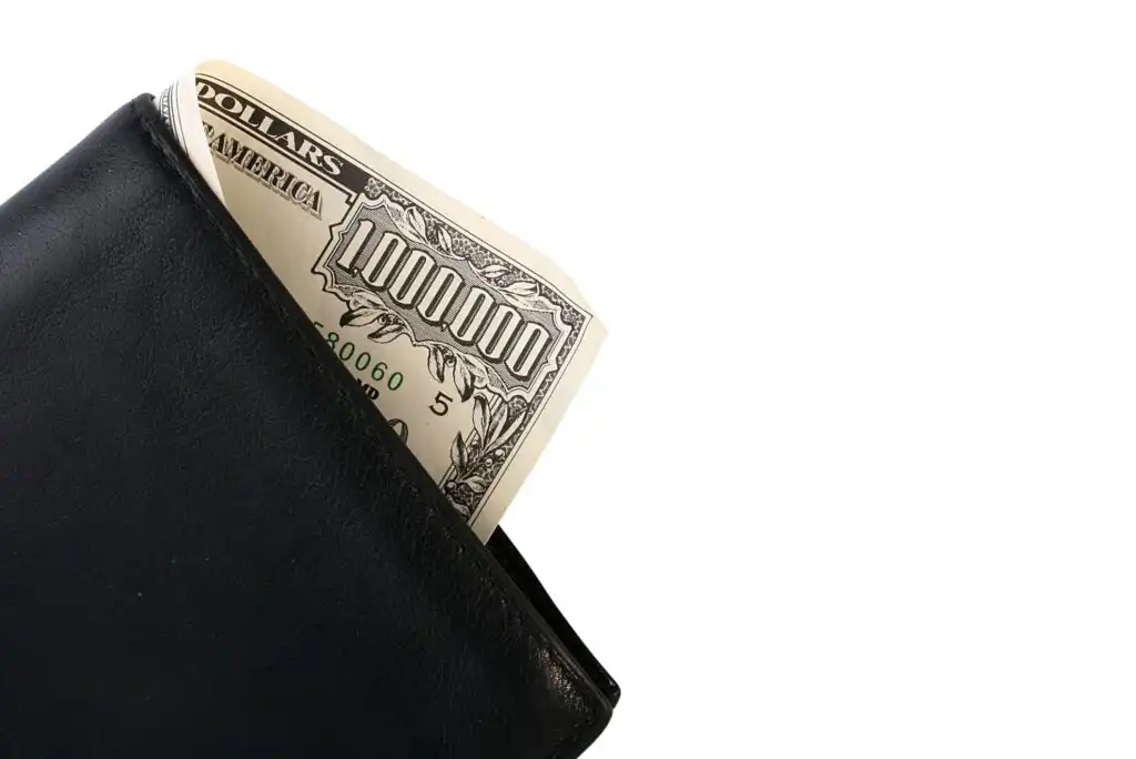A black leather wallet with a $100,000 bill partially visible, set against a white background.
