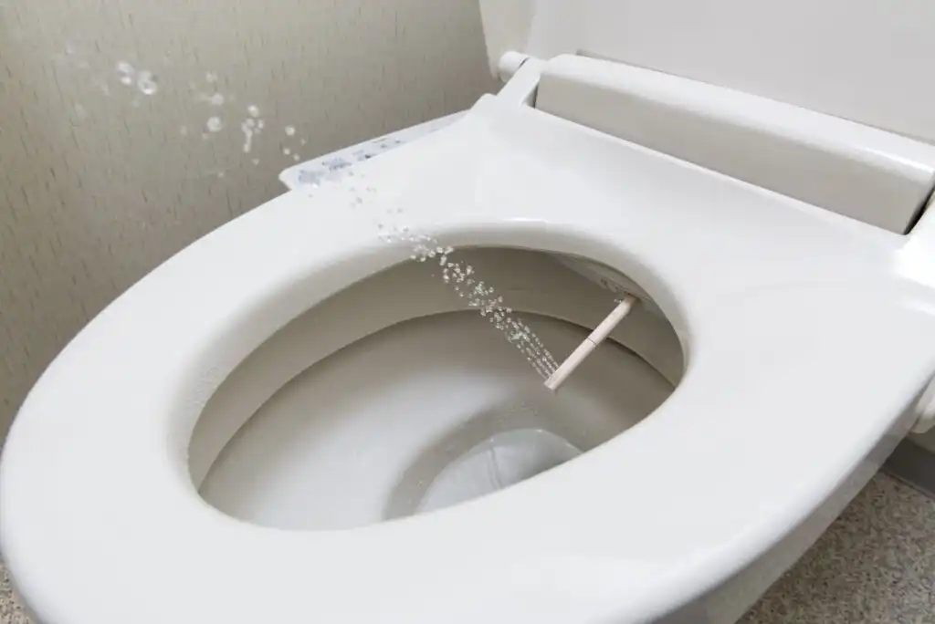 A close-up of a toilet with a bidet nozzle spraying water into the bowl, demonstrating the bidets cleaning function. The toilet seat is raised and the wall is visible in the background.