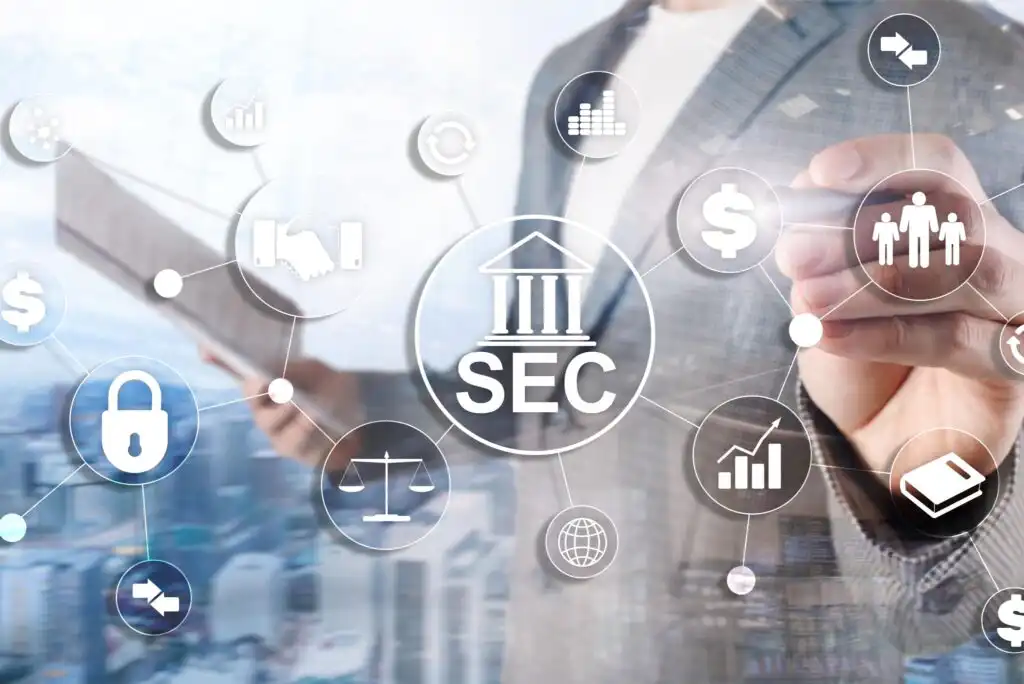 A businessperson in a suit interacts with virtual icons related to finance and security, with SEC in the center, surrounded by symbols like scales, dollar signs, and a padlock.