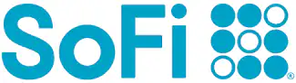 SoFi logo featuring the word SoFi in blue with a pattern of blue and white circles arranged in a grid to the right.