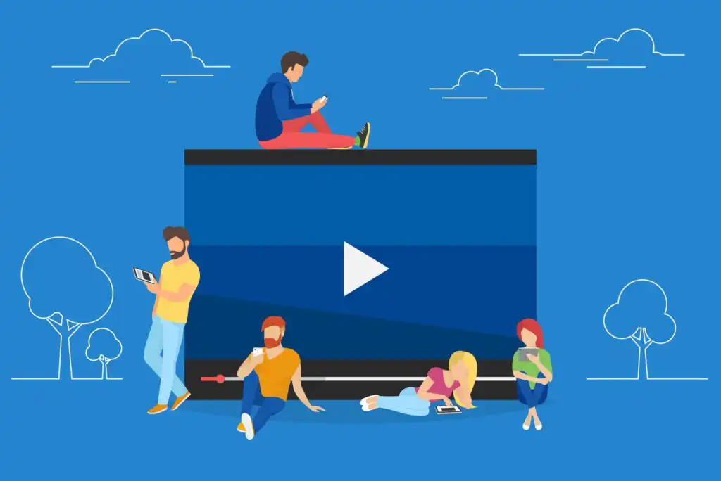 Illustration of five people using electronic devices around and on top of a large screen displaying a play button, with a park-like background of trees and clouds.