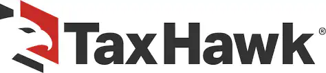 TaxHawk logo featuring a stylized white hawk head with a red background on the left, followed by the bold black text TaxHawk.