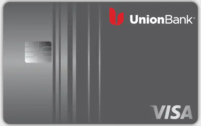 A gray UnionBank Visa card featuring a red UnionBank logo and name in the upper right, an EMV chip on the left, and a silver Visa logo in the lower right corner.