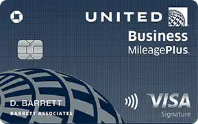 A United Business MileagePlus Visa Signature credit card featuring a chip, contactless symbol, and globe design. The card displays the name D. Barrett and Barrett Associates.
