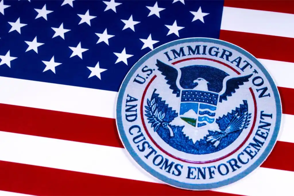 A U.S. Immigration and Customs Enforcement (ICE) badge rests on an American flag, with stars and stripes visible in the background.