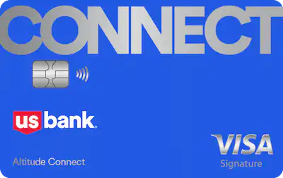 A blue US Bank Altitude Connect Visa Signature credit card with a silver chip, contactless symbol, and large CONNECT text at the top. Logos for us bank and Visa Signature are also visible.