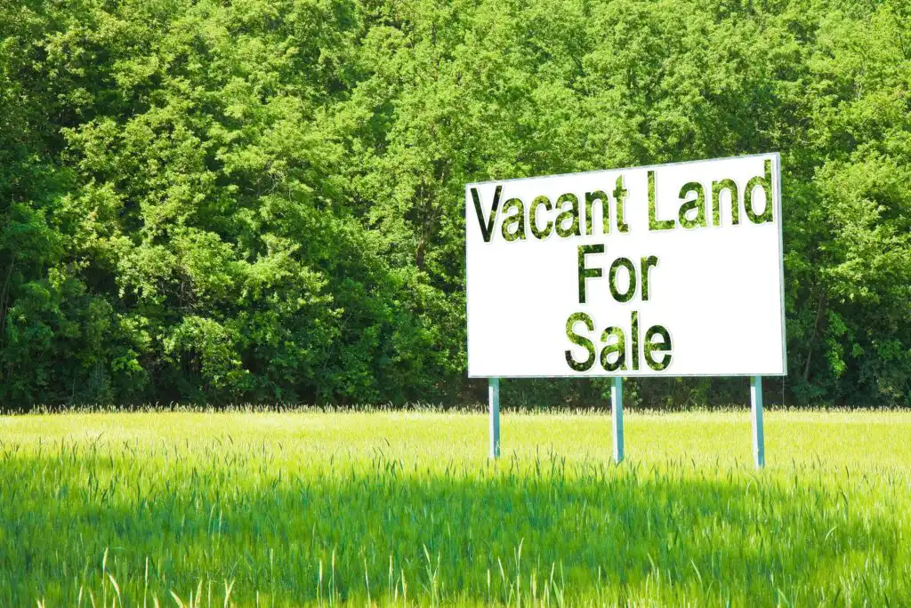 A large white sign in a grassy field reads “Vacant Land For Sale,” with dense green trees in the background.