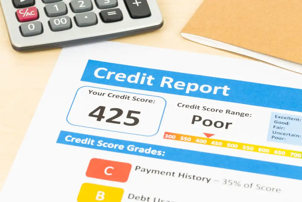 A credit report on a desk shows a credit score of 425, labeled as Poor. A calculator and a brown folder are nearby. The report includes a color-coded score range and a section on credit score grades.