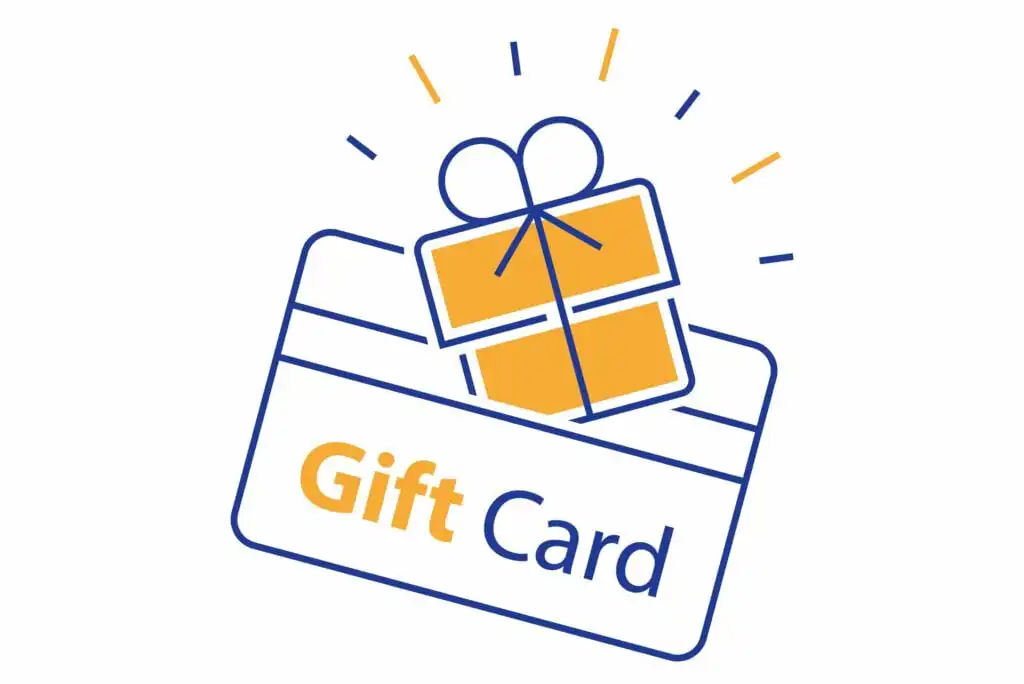 Illustration of a gift card with the words Gift Card and a wrapped present on top, accented with lines suggesting excitement or emphasis. Colors are mainly yellow and blue.