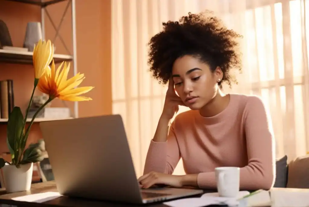 A young woman sits at a desk with a laptop, appearing tired or stressed. She rests her head on her hand, with a mug, papers, and a yellow flower in a vase nearby. Sunlight filters through curtains behind her.