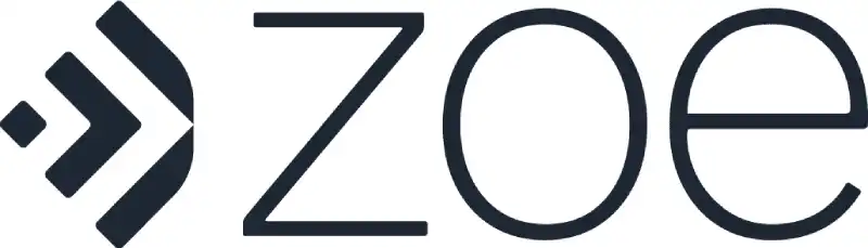 The image shows the word Zoe in a modern, sans-serif font, with a stylized geometric logo to the left that features three stacked shapes forming an abstract arrow pointing right.